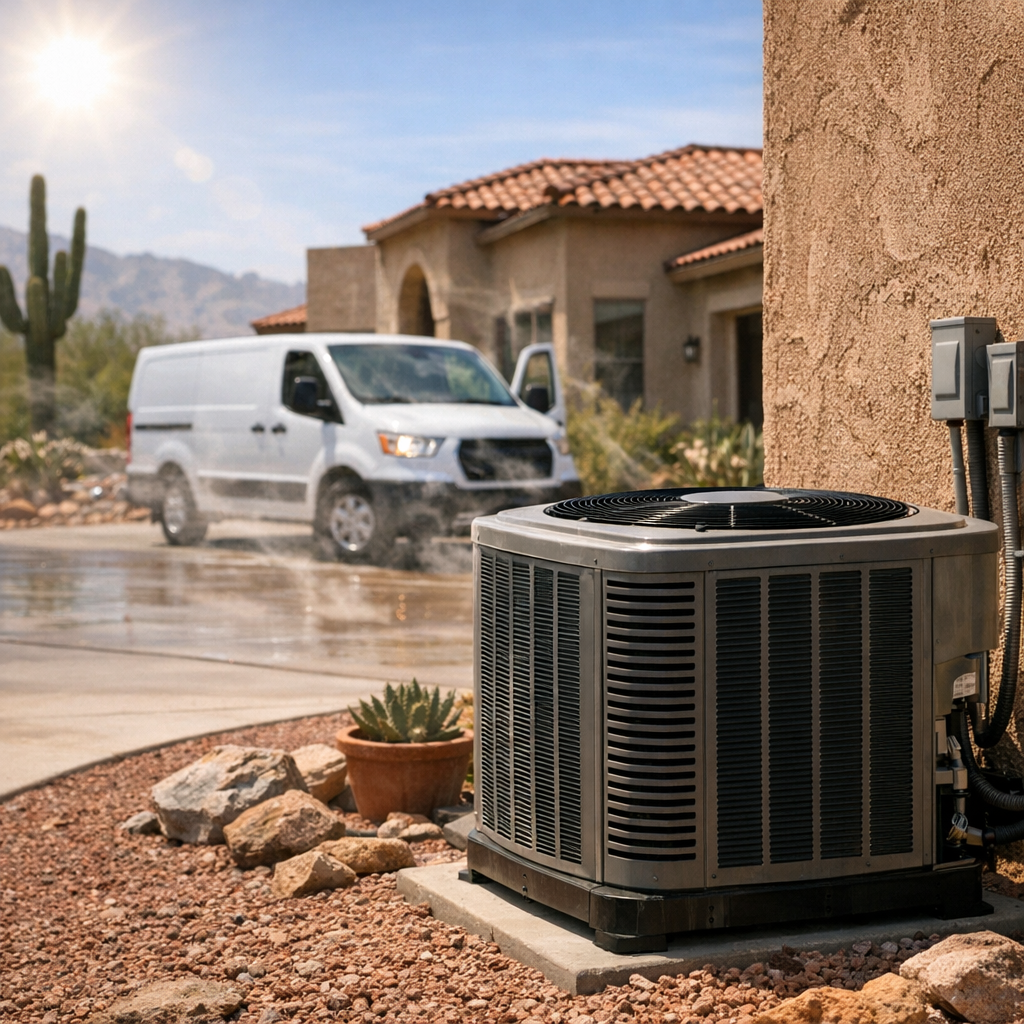 HVAC service arriving at a Tucson home during an extreme heat wave