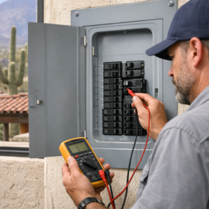HVAC technician inspecting an air conditioner circuit breaker in a Tucson home