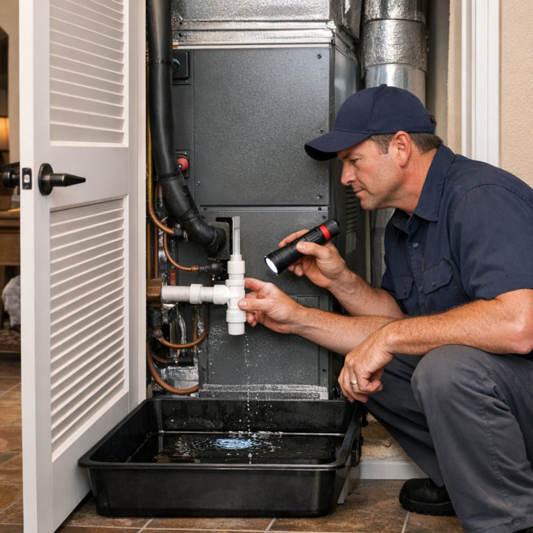 HVAC technician inspecting water leaking from an indoor AC unit