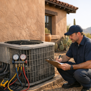 HVAC technician inspecting an older air conditioner at a Tucson home before summer