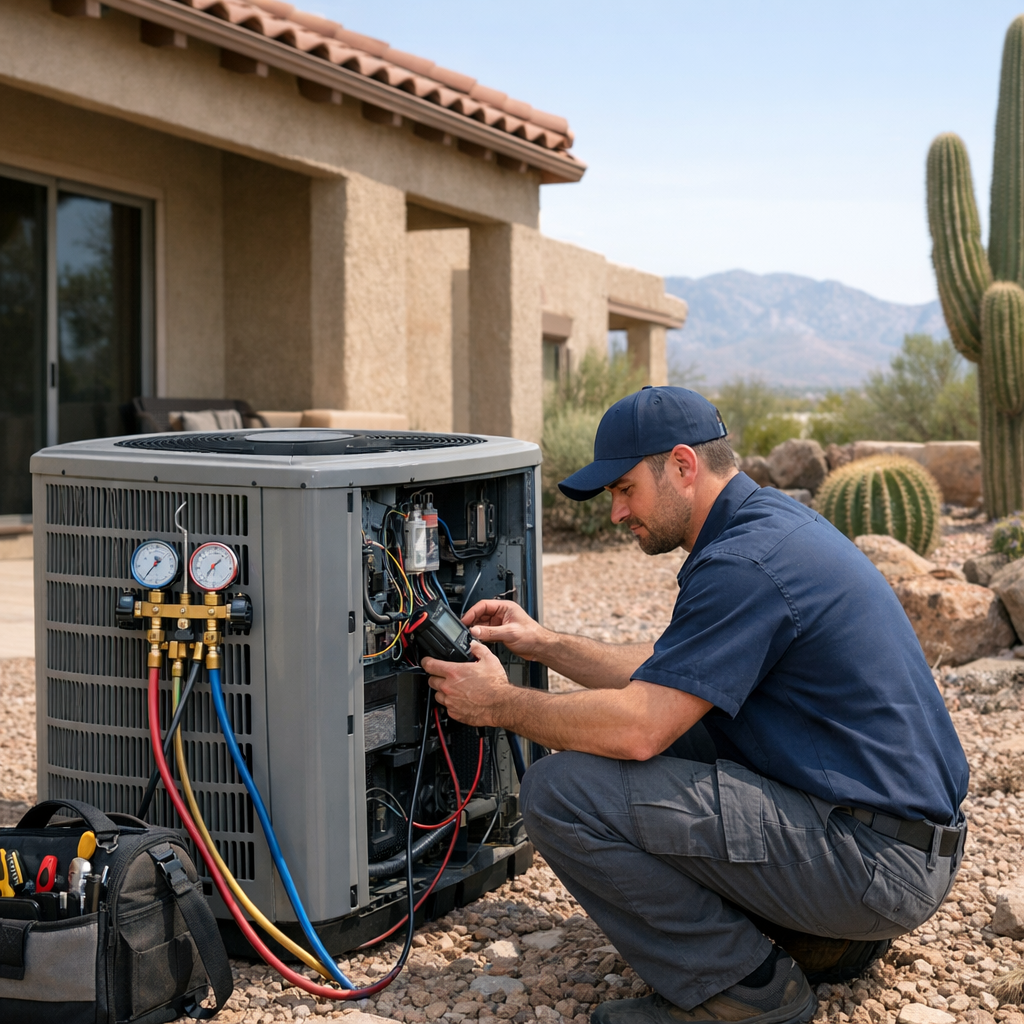 HVAC technician repairing an outdoor AC unit in Tucson