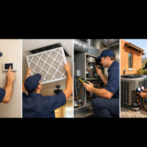 HVAC technician checking a thermostat, filter, indoor unit and condenser at a Tucson home