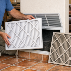 Homeowner replacing a dusty HVAC air filter in a Tucson home