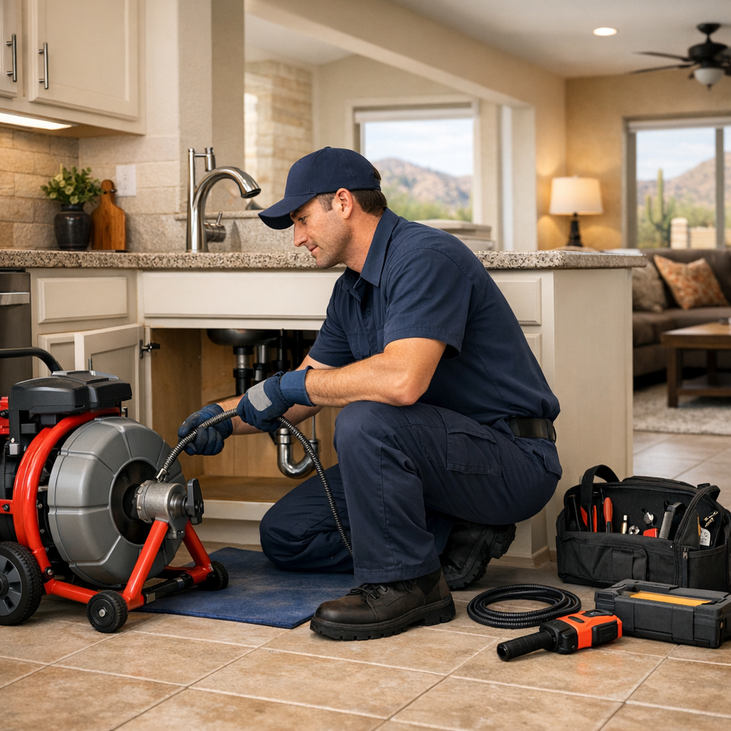 Plumber performing residential drain cleaning service in Tucson