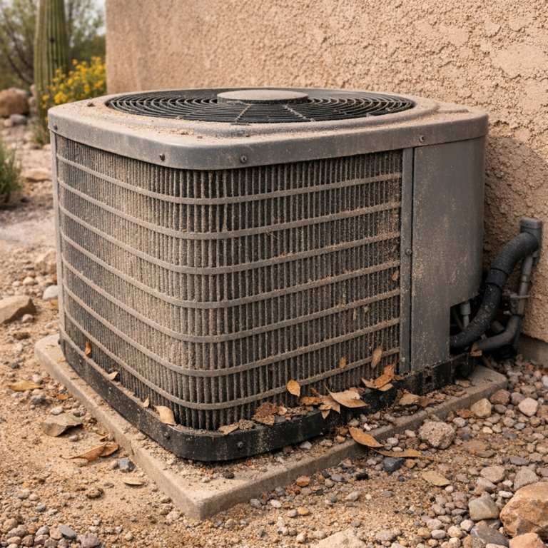 Dust and monsoon debris around an outdoor air conditioner in Tucson