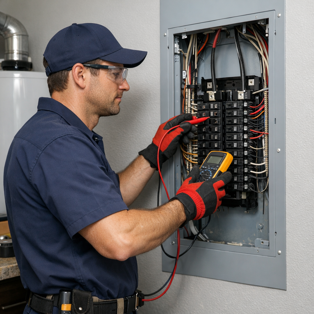 Electrician inspecting a residential electrical panel in Tucson