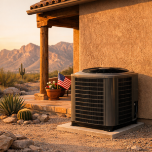 Outdoor air conditioner beside a Tucson home decorated for Fourth of July
