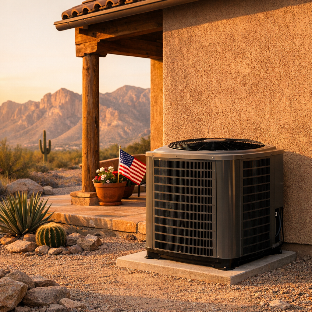 Outdoor air conditioner beside a Tucson home decorated for Fourth of July