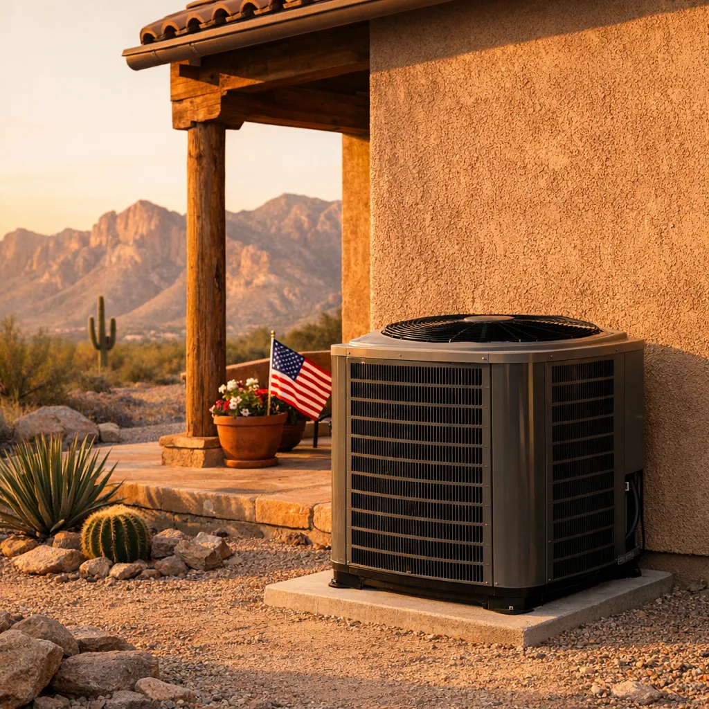 Outdoor air conditioner beside a Tucson home decorated for Fourth of July