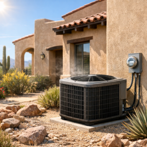 Outdoor air conditioner and utility meter at a Tucson home during summer
