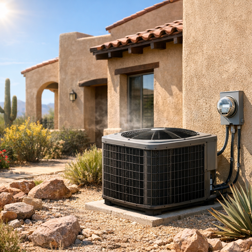 Outdoor air conditioner and utility meter at a Tucson home during summer
