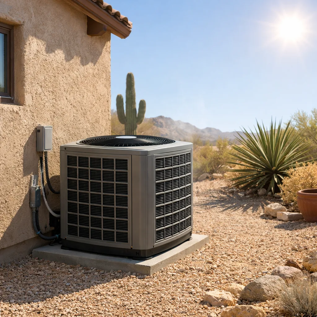 Outdoor air conditioner running beside a Tucson home in extreme summer heat