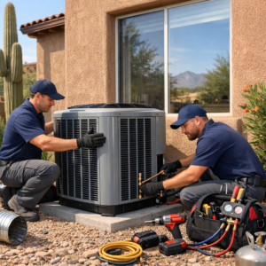 HVAC technicians installing a new air conditioner at a Tucson home