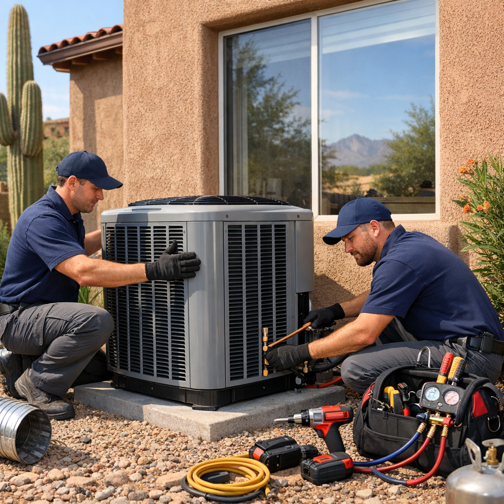 HVAC technicians installing a new air conditioner at a Tucson home