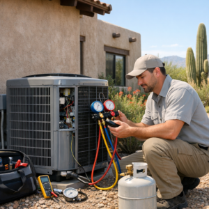 HVAC technician performing an AC tune-up at a Tucson home