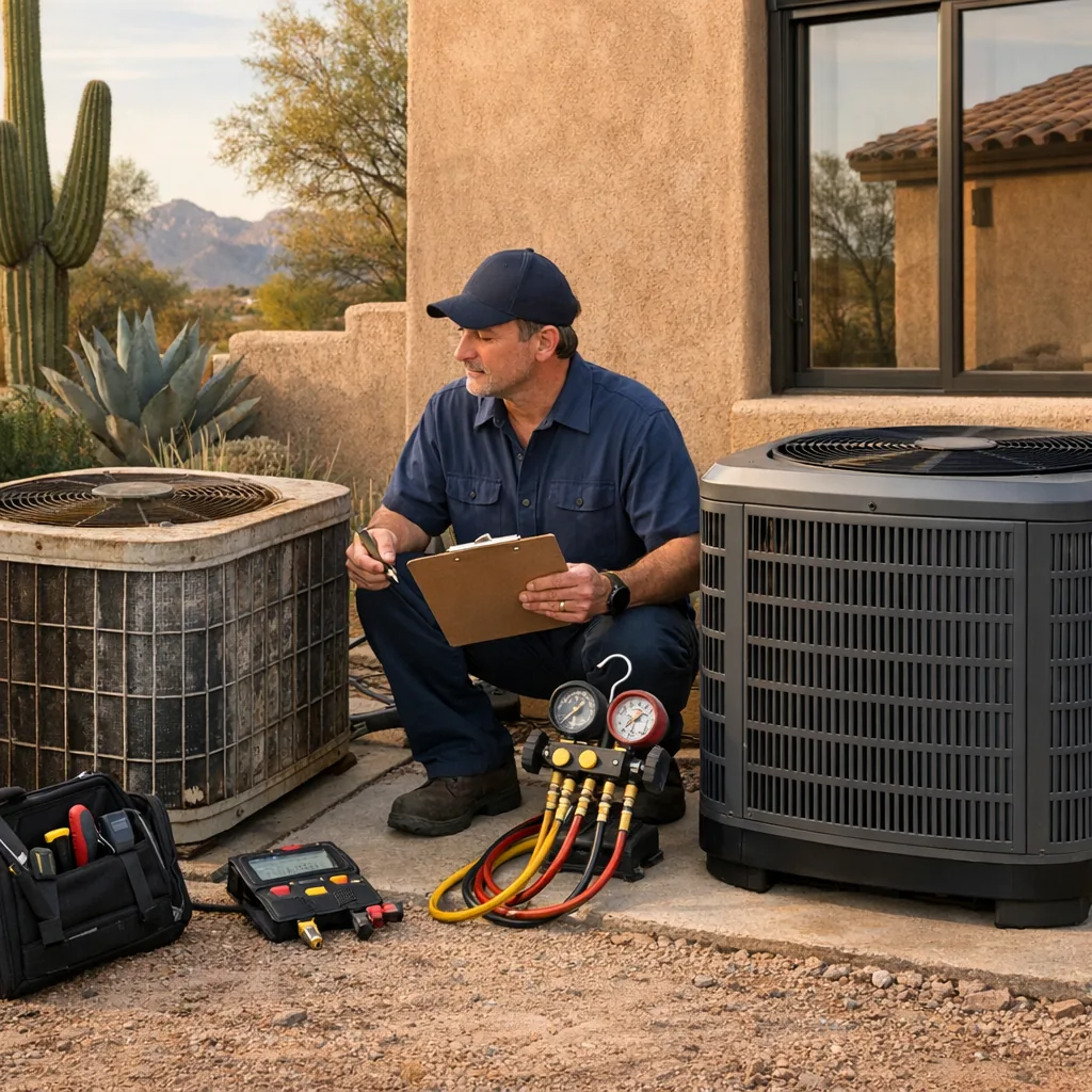 HVAC technician comparing an older air conditioner with a replacement unit at a Tucson home