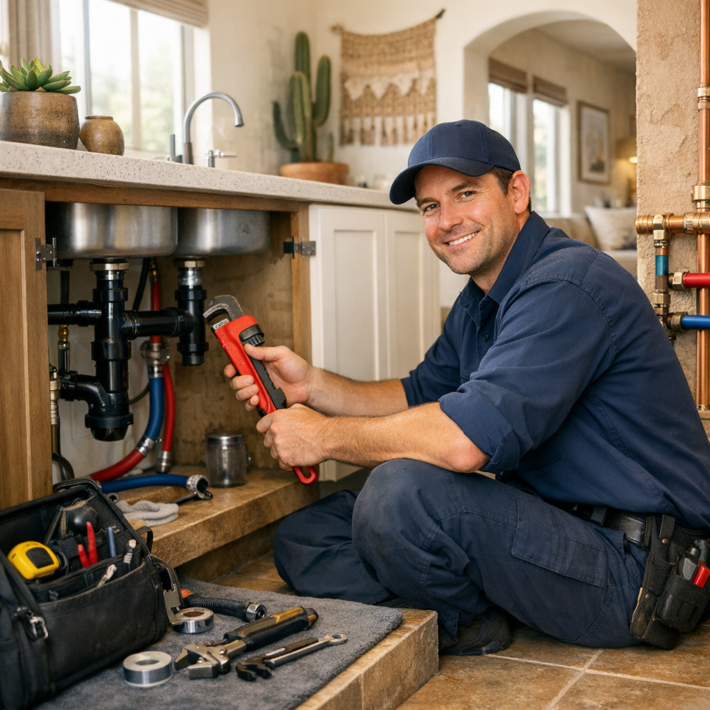 Professional plumber working on residential plumbing in Tucson