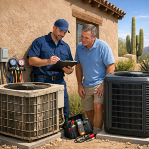 HVAC technician and homeowner comparing repair and replacement for an older Tucson AC