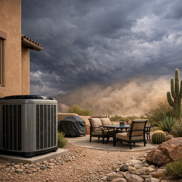 Outdoor air conditioner beside a Tucson home before a monsoon storm