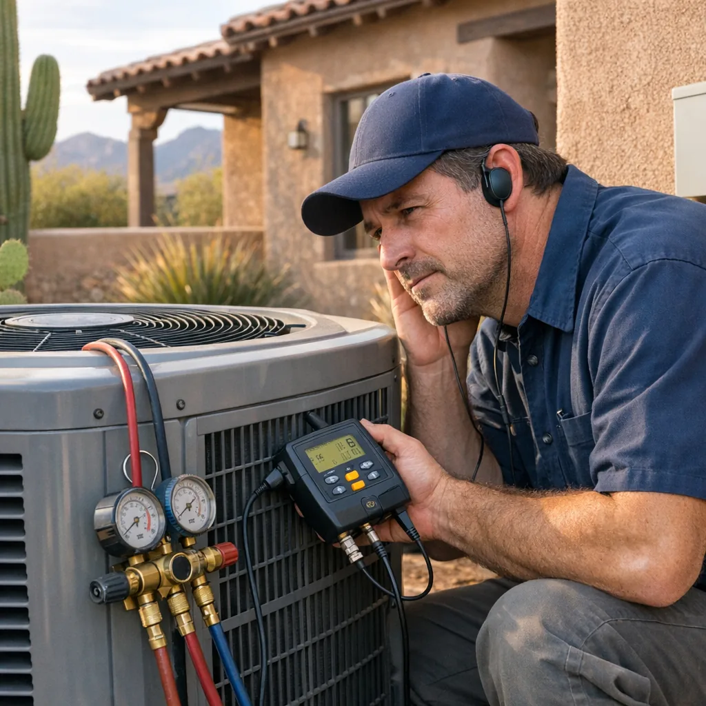HVAC technician diagnosing unusual noises from an air conditioner at a Tucson home