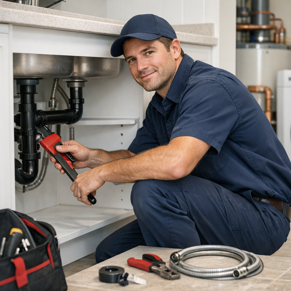Plumber repairing residential plumbing in Tucson