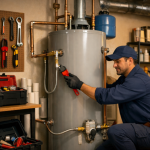 Technician repairing a residential water heater in Tucson