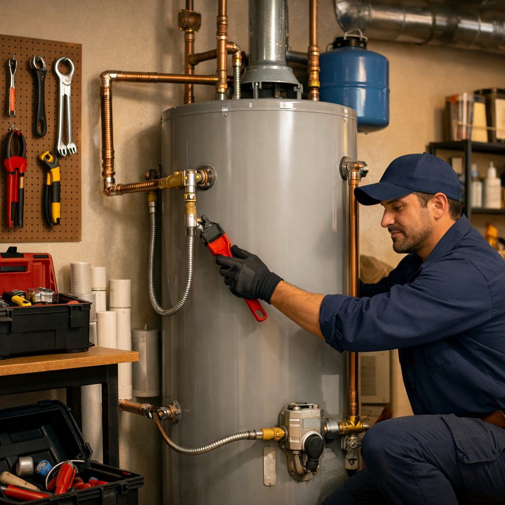 Technician repairing a residential water heater in Tucson